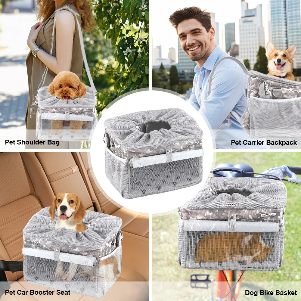 Cesta de bicicleta pequeña y mediana para mascotas con malla transpirable, manillar frontal extraíble, cesta de bicicleta para perros para aventuras en bicicleta