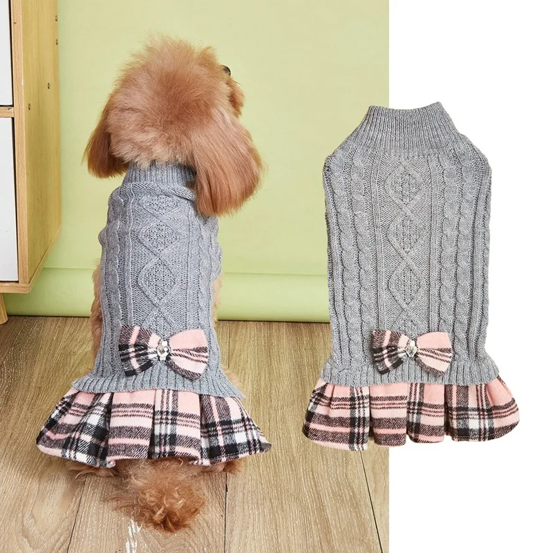 Vestido de piel para mascotas, suéter de punto blanco y gris, falda a cuadros con lazo empalmado, abrigo de lana, ropa de Navidad para perros y cachorros - imagen 3