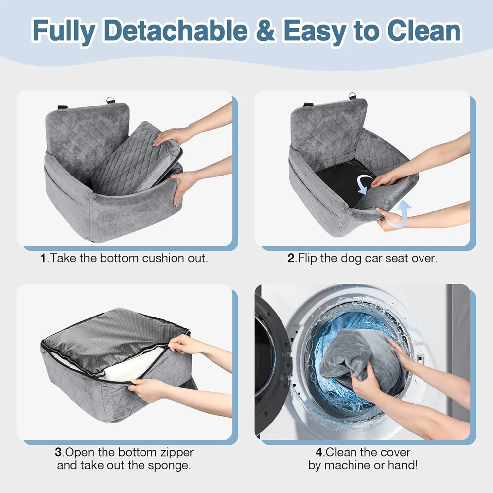 Asiento de coche portátil cálido para perros pequeños y medianos con cojín lavable, cinturón de seguridad para cama, bolsillo de almacenamiento para viajes al aire libre, 1 ud. - imagen 5