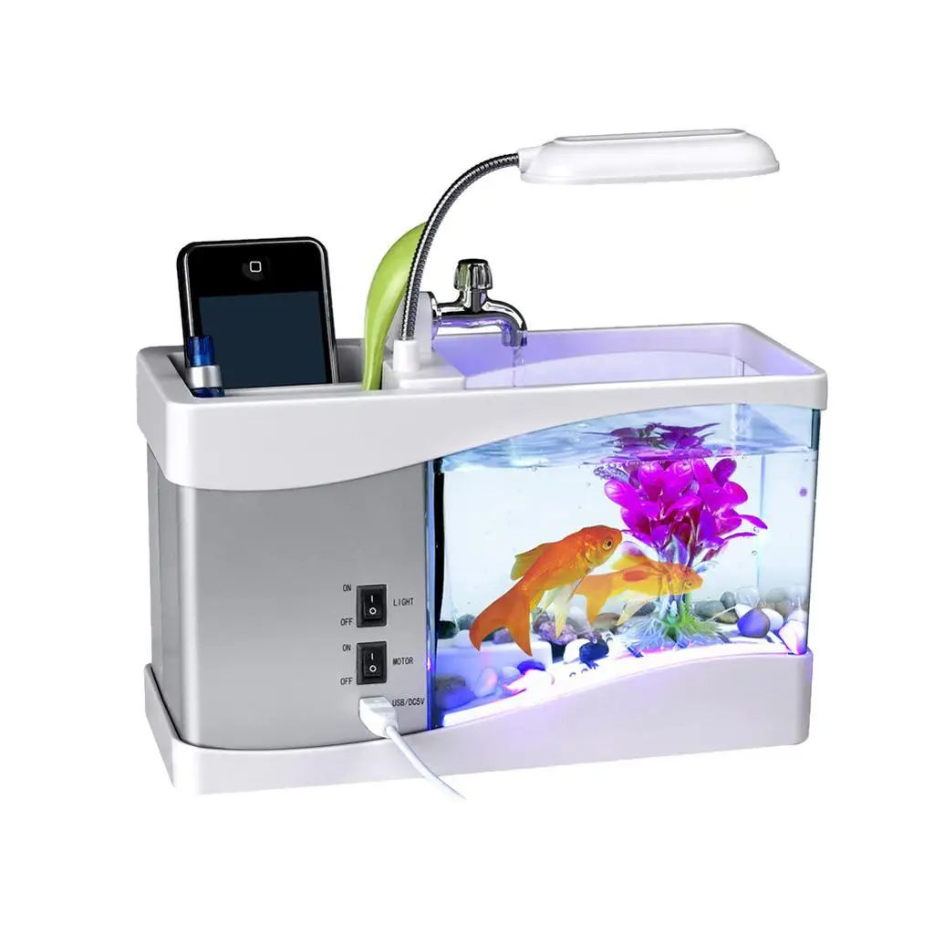Mini USB Desktop Aquarium LCD Display Fish Tank Clock LED Lamp Light Black/ White