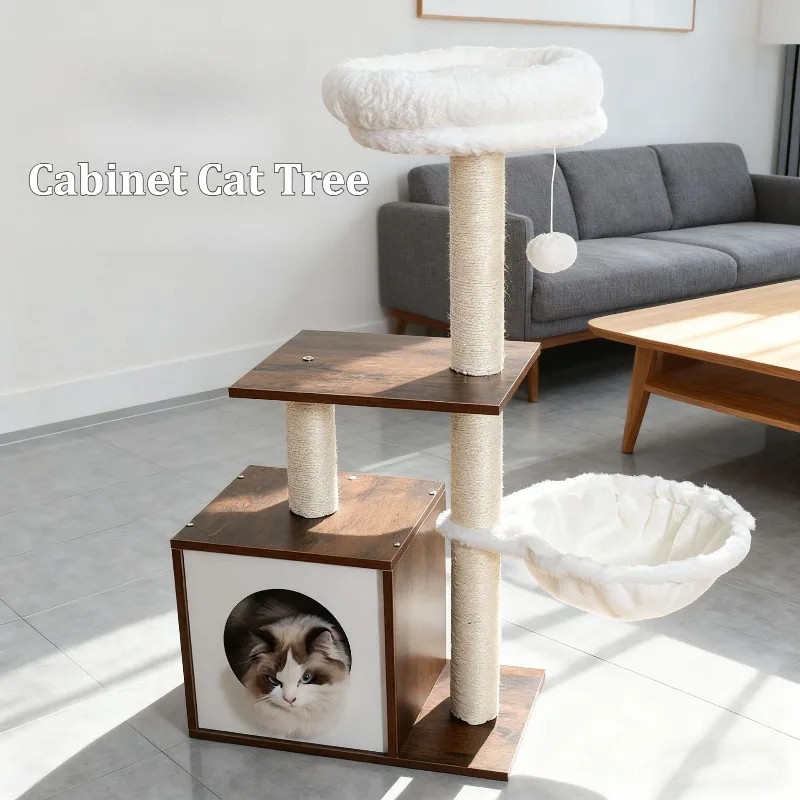 Árbol para gatos de madera maciza, gabinete interior, árboles para gatos, poste rascador, juguete, torre para gatos, cama rascador, escalar, ocultar, casa para mascotas de varios niveles - imagen 3