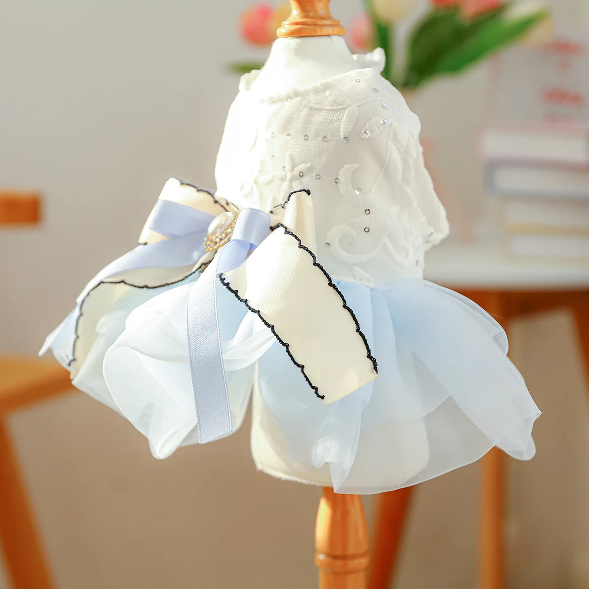 Vestido con lazo de primavera para mascotas, ropa para perros, falda de hilo de Pony azul, vestidos para perros pequeños, ropa para cachorros, vestido pequeño - imagen 2