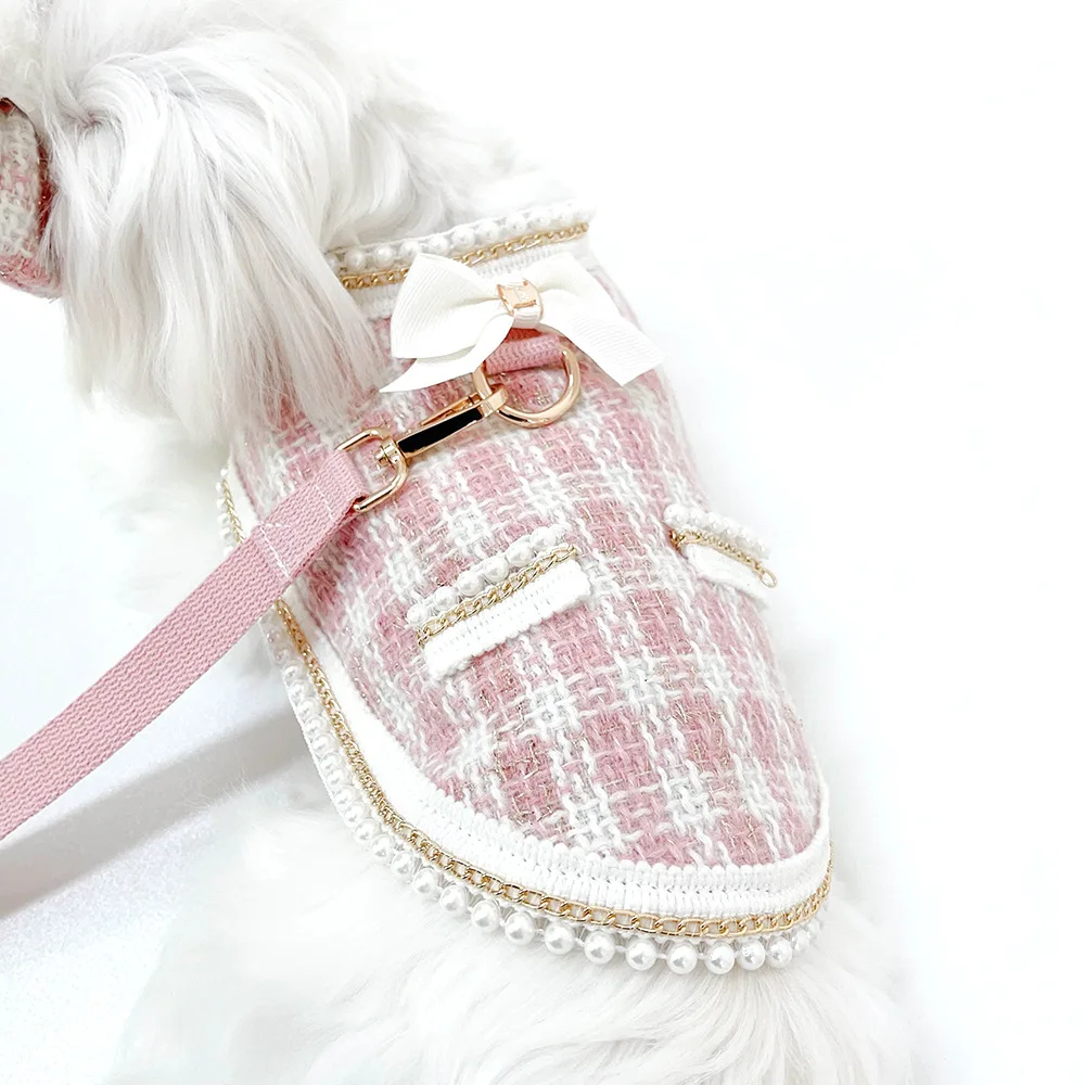 Capa a cuadros de encaje de perlas para perros, suministros para mascotas, chaqueta, correa de pecho, conjunto de cuerda de tracción para gatos, ropa para cachorros, ropa para perros pequeños - imagen 2