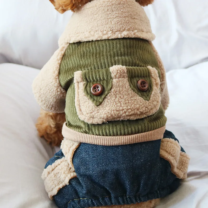 Ropa de cuatro patas con solapa de piel de cordero para mascotas, mono de perro, oso de peluche, traje de otoño, chaqueta gruesa a rayas, Parkas para perros