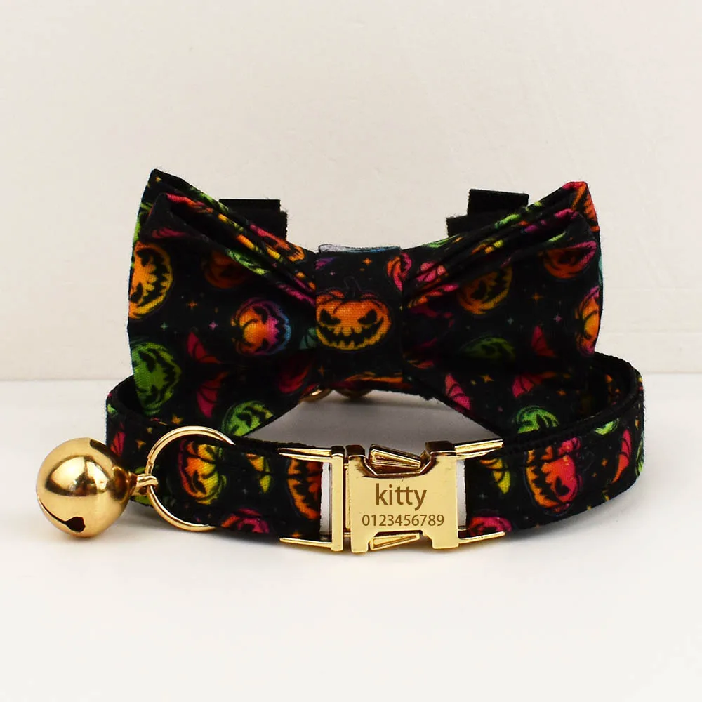 Juego de Collar y correa para gato de Halloween con etiqueta de identificación grabada con campana, accesorios de Metal personalizados para mascotas para gatitos - imagen 3