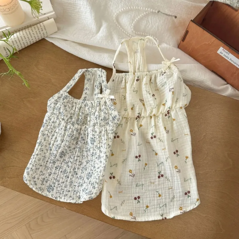 Ropa para mascotas, camisa con lazo, chaleco de flores de verano, camisola, vestido, pijamas para el hogar, camiseta para perros pequeños, falda Base, trajes para cachorros - imagen 4