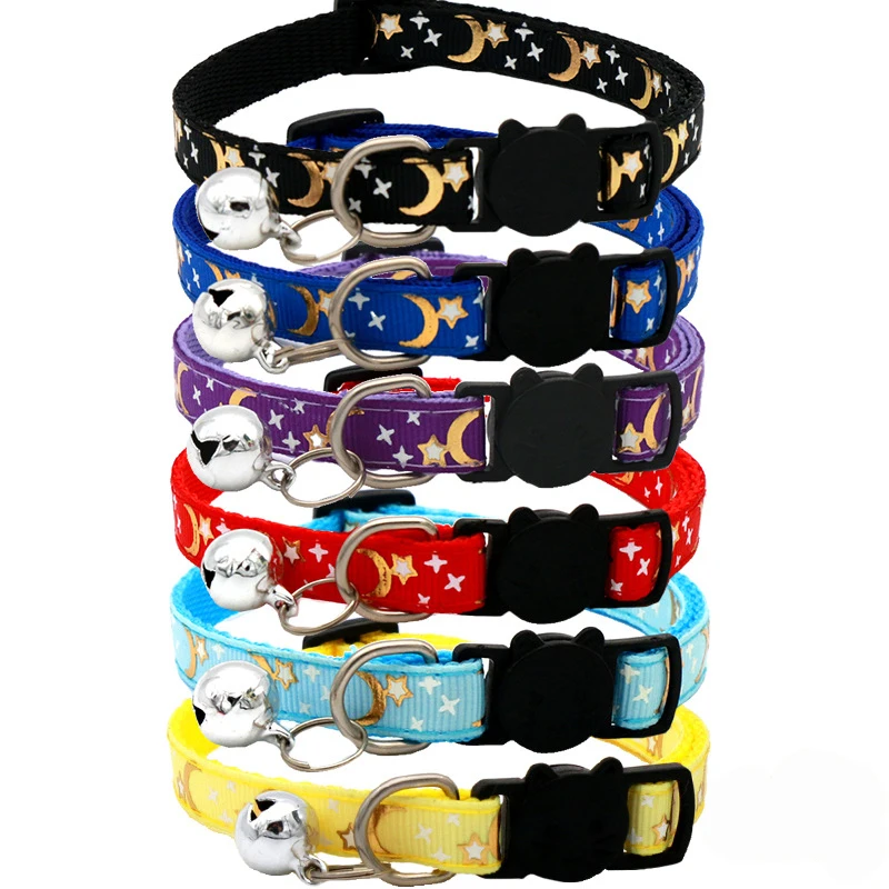 Collar de gato con campana, estrella de dibujos animados, Luna, perro, cachorro, gato, gatito, Collar de anillo de campana de seguridad ajustable, joyería para gato