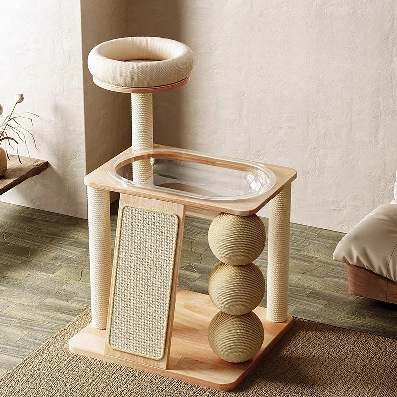 Árbol para gatos de madera maciza, torre para gatos de interior, cama transparente, juguete de Sisal, rascador, garra, mascotas, Catnap, hamaca, poste de árbol para gatos