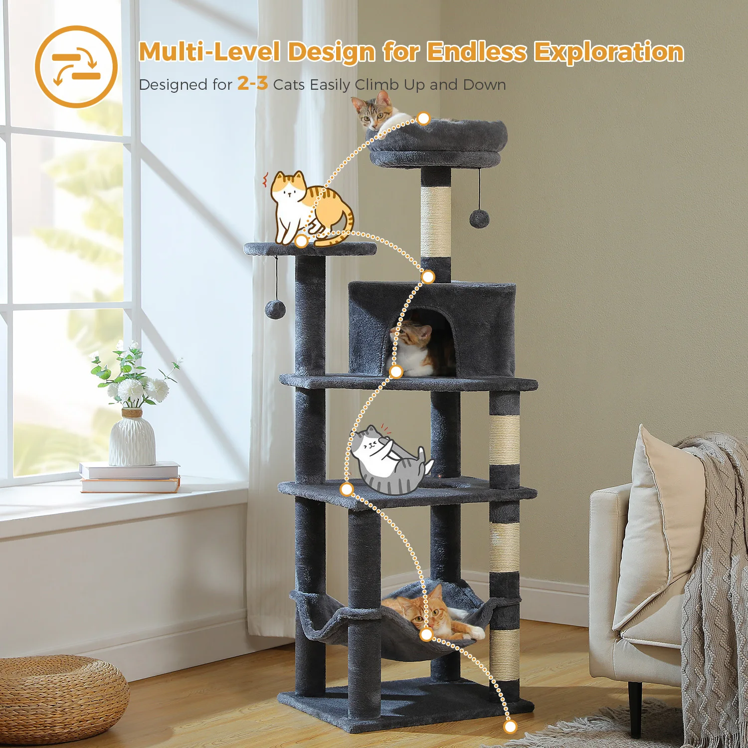 Torre de árbol para gatos de 6 niveles con hamaca súper grande, espacioso condominio, kit antipunta, 2 bolas colgantes, 4 postes rascadores de sisal natural - imagen 4