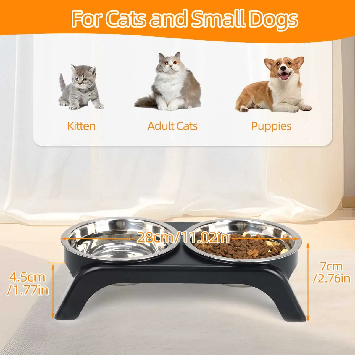 Cuenco elevado para mascotas con dos cuencos de acero inoxidable, apto para perros y gatos pequeños y medianos, disponible en negro y gris. - imagen 3