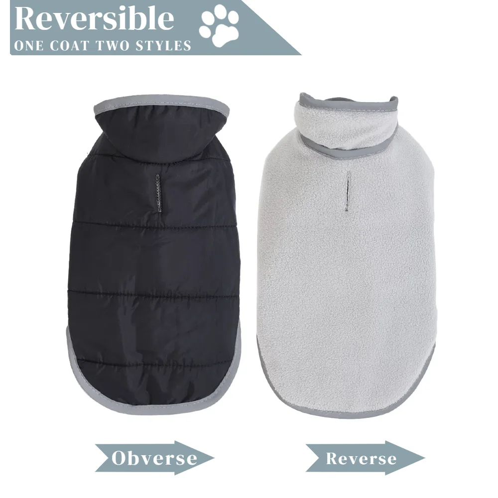 Abrigo Reversible para perro, chaqueta reflectante cálida para invierno para perros pequeños y medianos, chaleco de lana para mascotas con agujero para correa, trajes de Pug - imagen 2