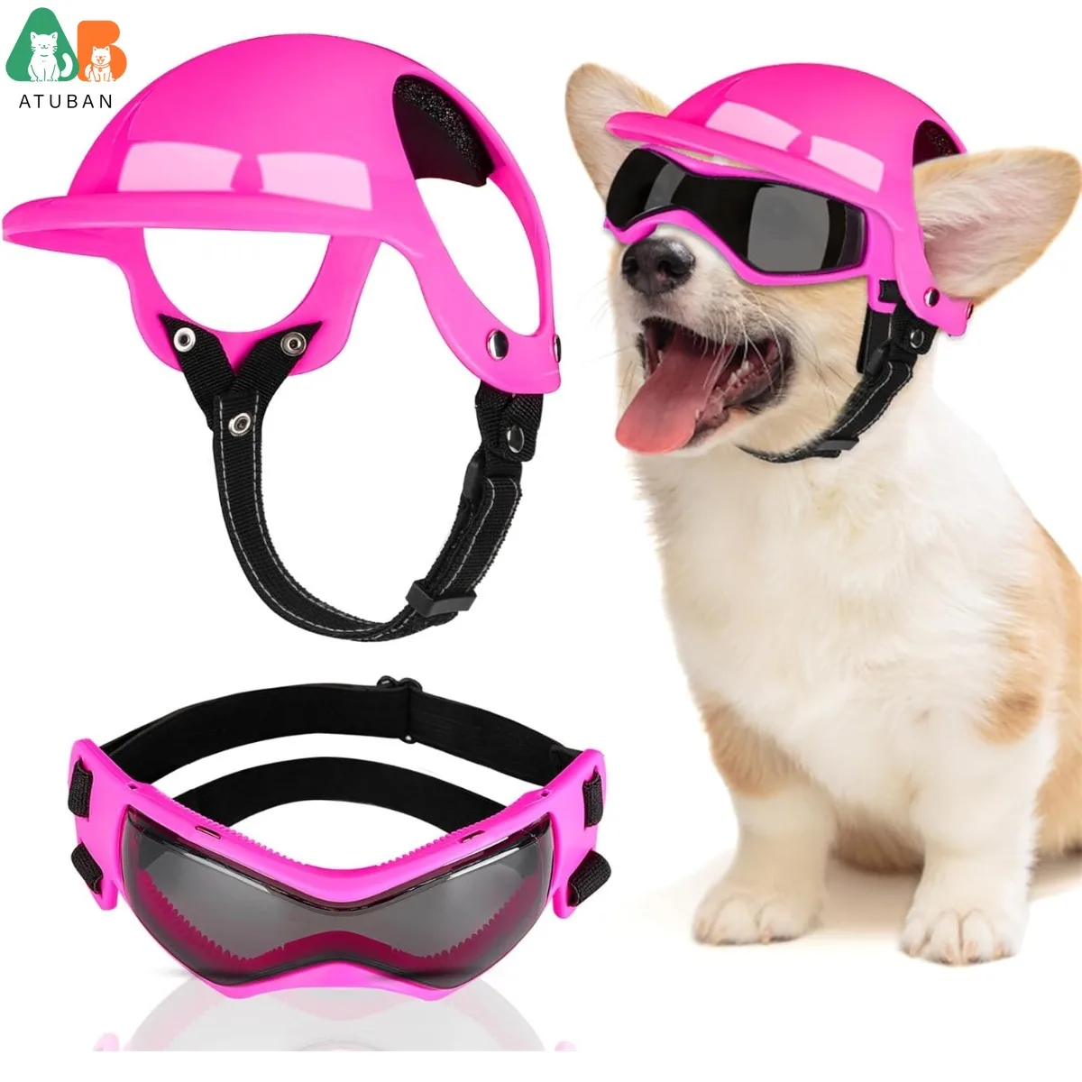 ATUBAN Cool Pet Casco de motocicleta: gafas ligeras y diseño de orificios para las orejas, protección elegante para perros pequeños, montar y conducir