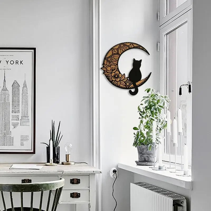 Arte de pared de gato negro, decoración montada en la pared, colgante de madera de gato negro, decoraciones interiores para comedor, habitación de niños, sala de estar - imagen 4
