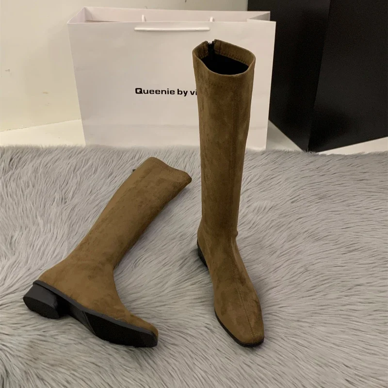 Botas hasta la rodilla Vintage De diseñador para Mujer, zapatos De tacón bajo cuadrados a la moda, Botas largas ajustadas y concisas para Mujer - imagen 5
