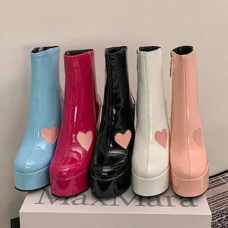 Botas de tacón alto con plataforma para mujer, botines con estampado de corazón grueso, moda Vintage, impermeables, cómodas, de estilo moderno, 2024 - imagen 4