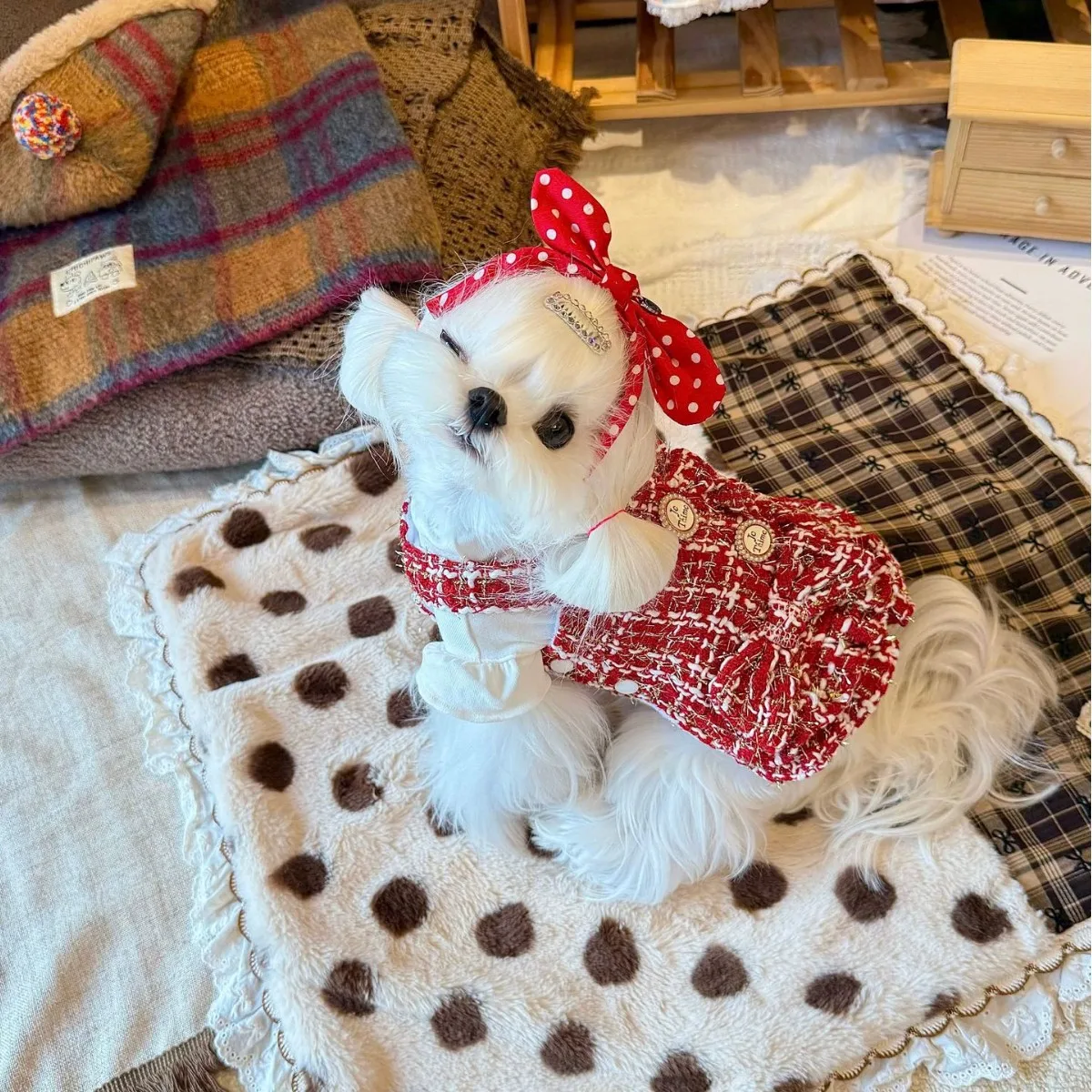 Falda princesa con lazo rojo para perros mini y gatos cálida invierno - imagen 2