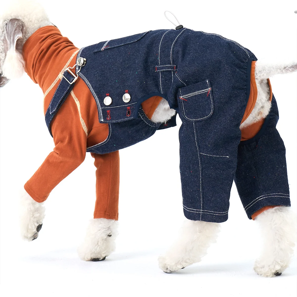 Pantalón con pechera de mezclilla vintage azul de estilo japonés para Bedlington en mono vaquero de algodón con puntos lavados en primavera para perros galgo italiano - imagen 4