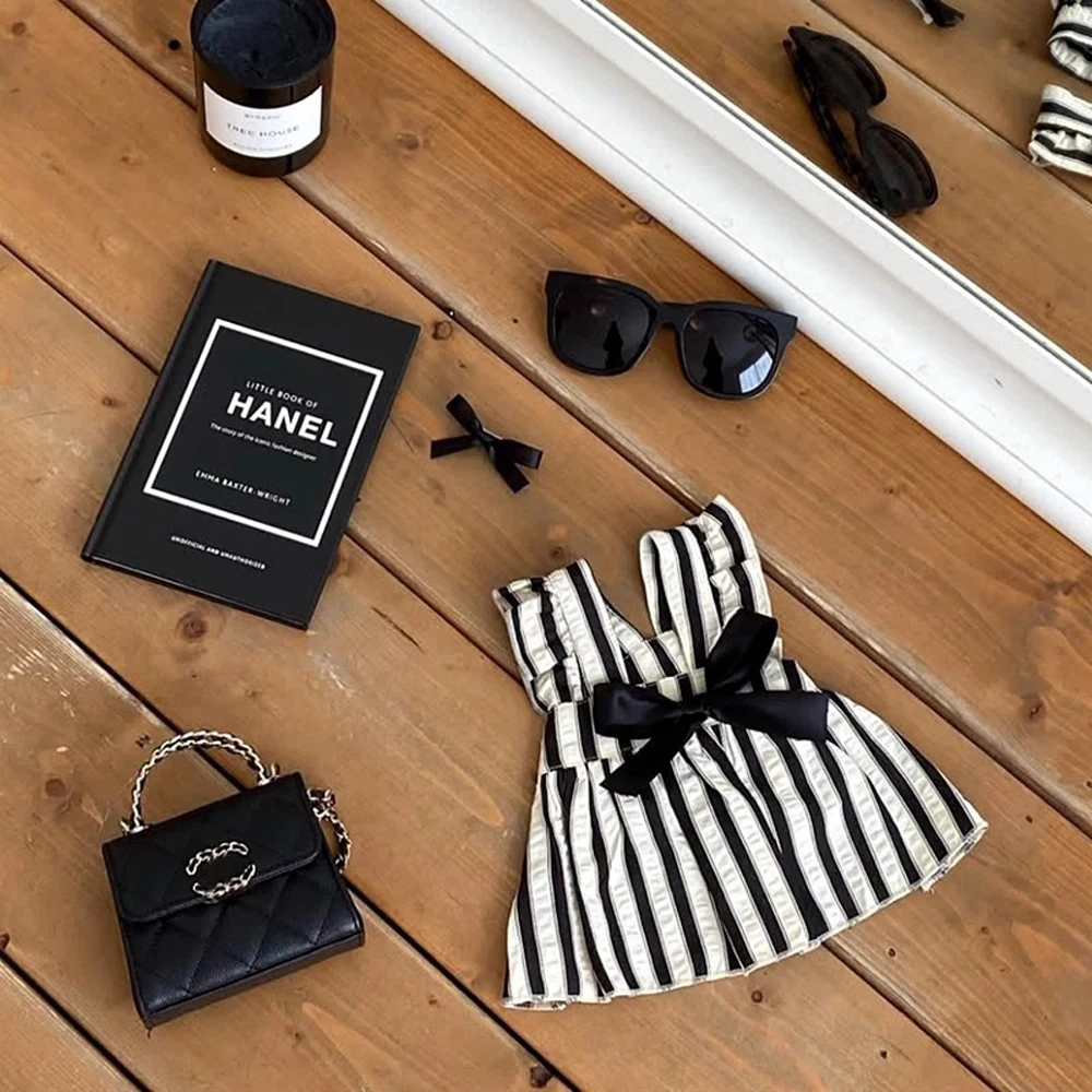 Vestido de princesa para perro pequeño a rayas con lazo grande, vestido negro de moda para gato medio, falda fina de verano para cachorro, ropa para perros - imagen 3