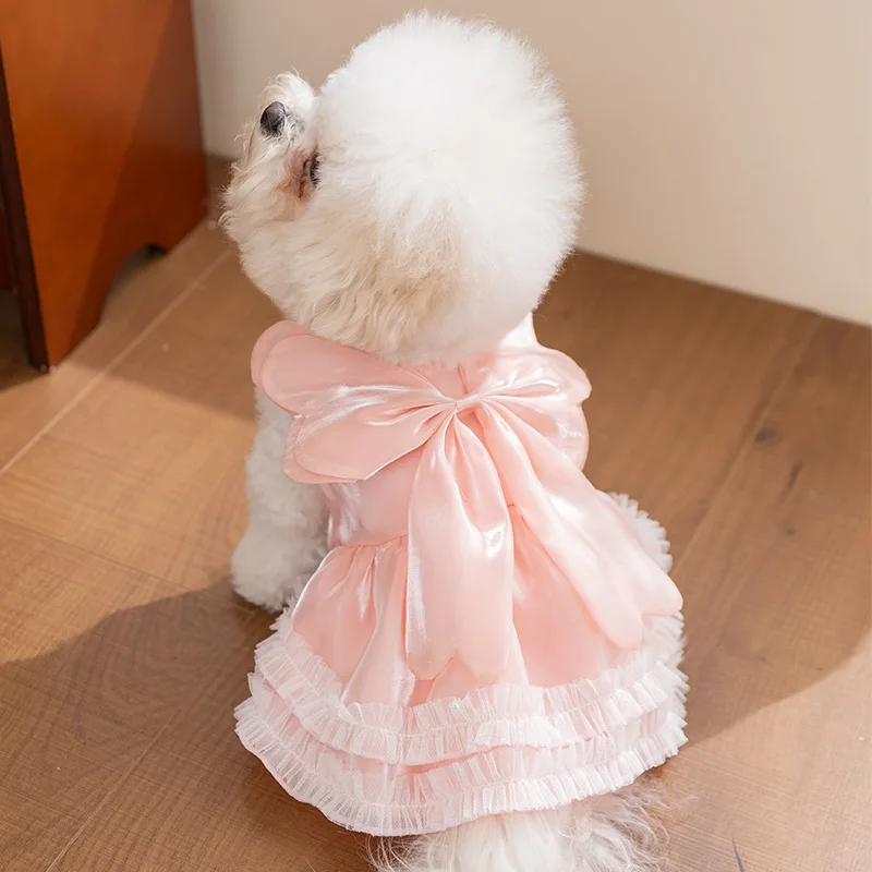 Vestido rosa princesa de satén con lazo para perros pequeños y gatos - imagen 5