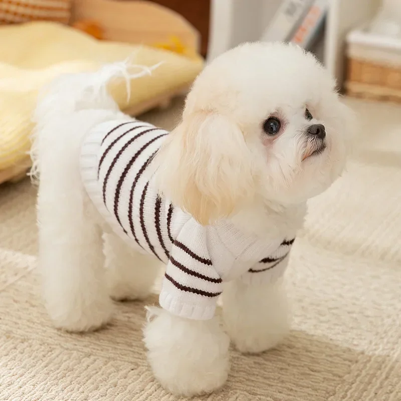 Suéter con botones a rayas simples para perros en otoño e invierno, suéter de punto cálido para gatos, ropa para mascotas, ropa para cachorros - imagen 3
