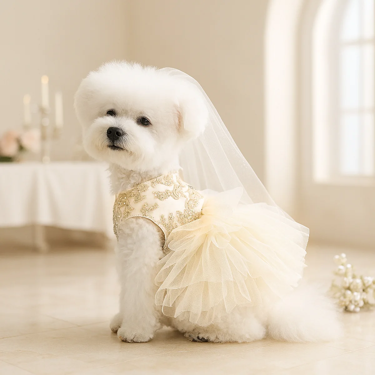 Ropa de princesa para mascotas, vestido elegante a la moda para perros, falda de gasa con lazo de encaje, traje Formal de boda para perros pequeños y gatos - imagen 2