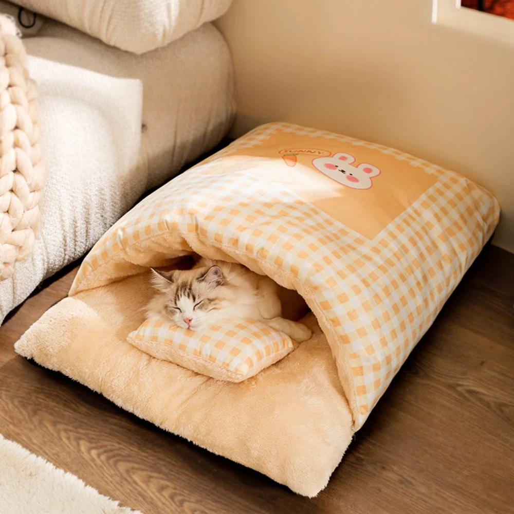 Cama cálida semicerrada para gatos, saco de dormir extraíble para mascotas, cama para perros, cojín nido para gatos con almohada, cojín para perros y gatos, suministros para gatos - imagen 3
