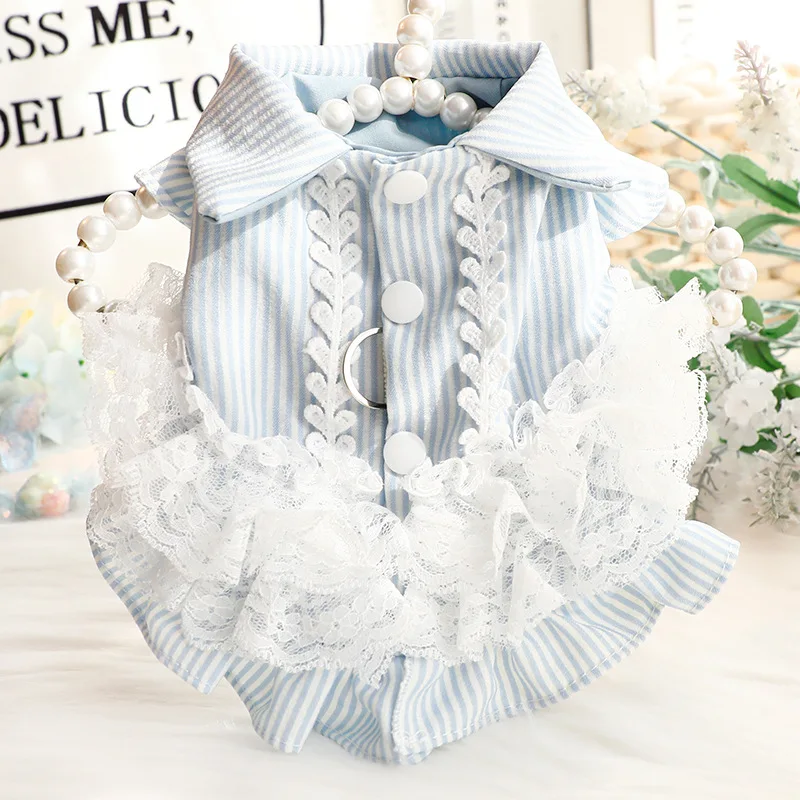 Elegante vestido de princesa a rayas transpirable de primavera y verano, camisa de gato a rayas con encaje delicado, perfecto para perros pequeños - imagen 2