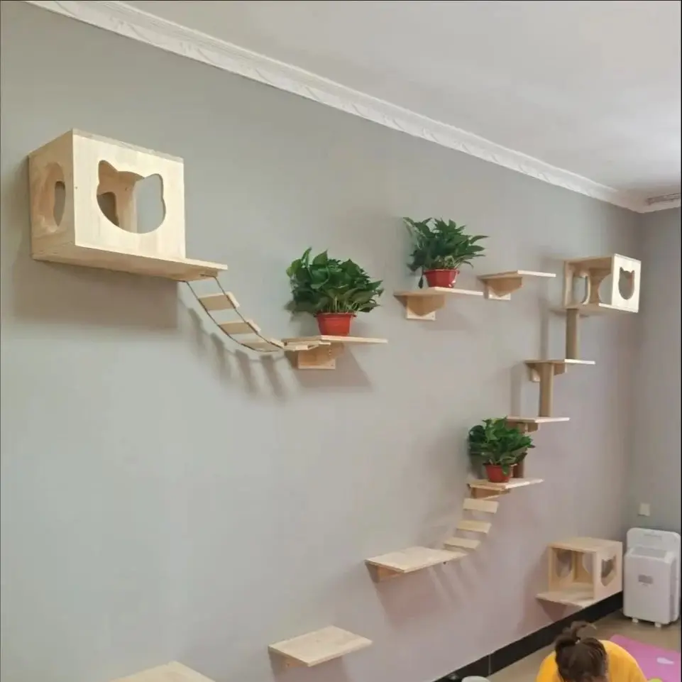 1 pieza de árbol de madera para gatos, muebles para gatos montados en la pared, escalera para gatos, hamaca, plataforma para saltar para gatos - imagen 4