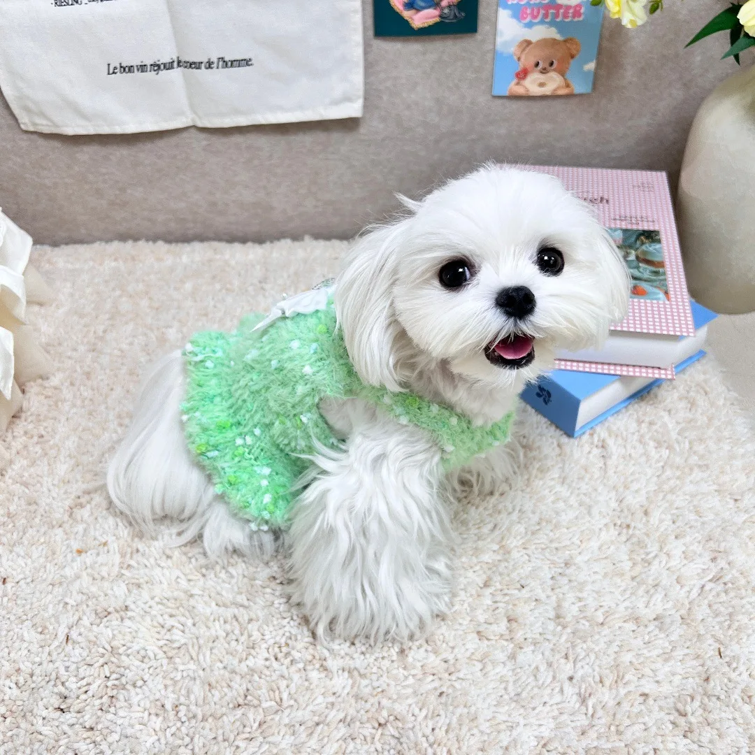 Chaleco tejido de color helado para perros y gatos, vestido con lazo para mascotas de otoño e invierno para perros pequeños (yorkshire/teddy), ropa para cachorros - imagen 2