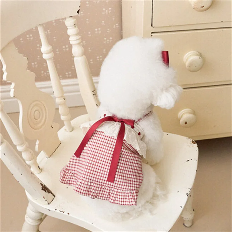 Vestido de tirantes para primavera/verano para mascotas, bonito tocado con lazo, lazo para perro, vestido de princesa a cuadros de encaje, tocado, ropa para cachorros pequeños - imagen 2