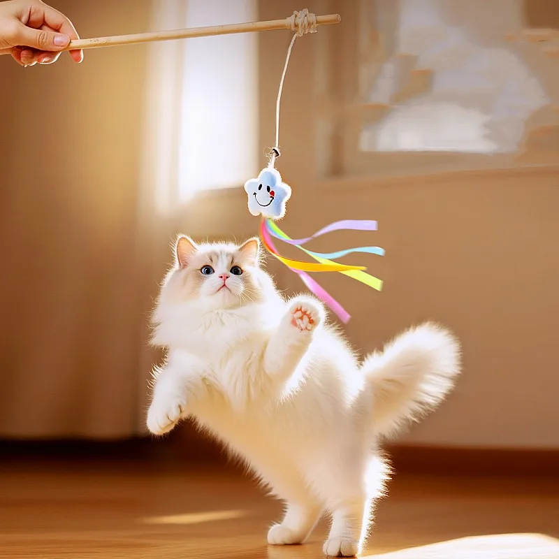 Juguete interactivo para gato con plumas y cascabel, palo de madera - imagen 2