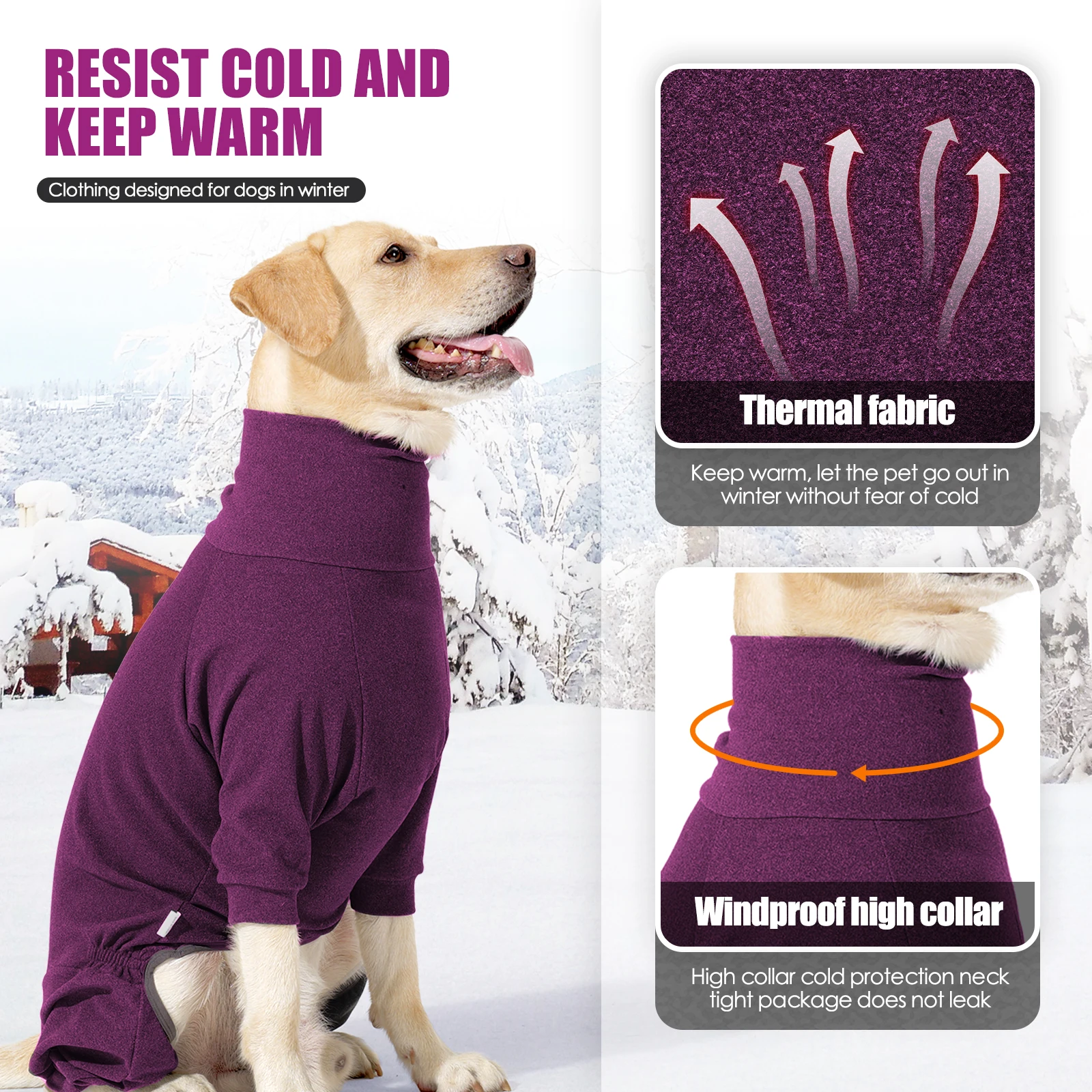 Ropa de lana cálida a prueba de viento para perros, monos de invierno con cuello alto para perros, mono para perros grandes, camiseta interior suave ajustable con 4 patas - imagen 5