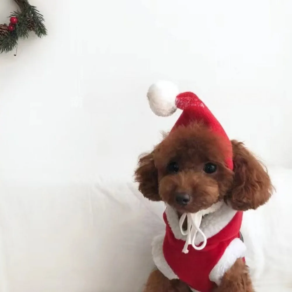 Gorro de Navidad para mascotas, bonito y festivo, gorro con bola de piel de gato rojo, cubierta para la cabeza, gorros cálidos, accesorios para perros de Año Nuevo para perros pequeños - imagen 4