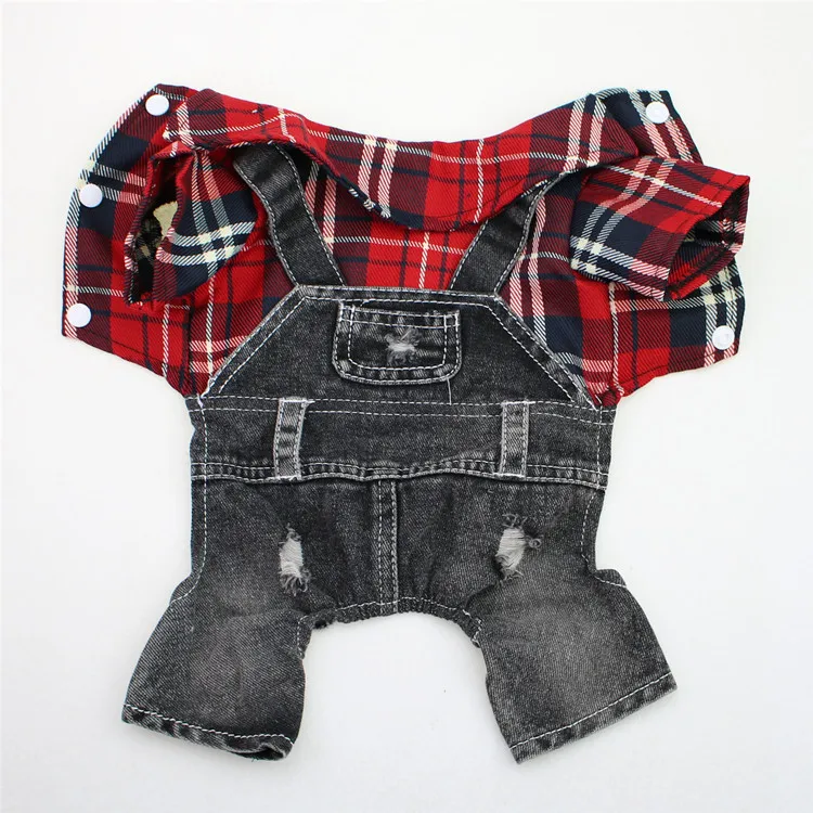 Black Dog Denim Jumpsuit Plaid Shirt Overalls for Dogs, Spring Clothes for Small Dogs Puppy Yorkie Jeans Jacket Pet Apparel - imagen 3
