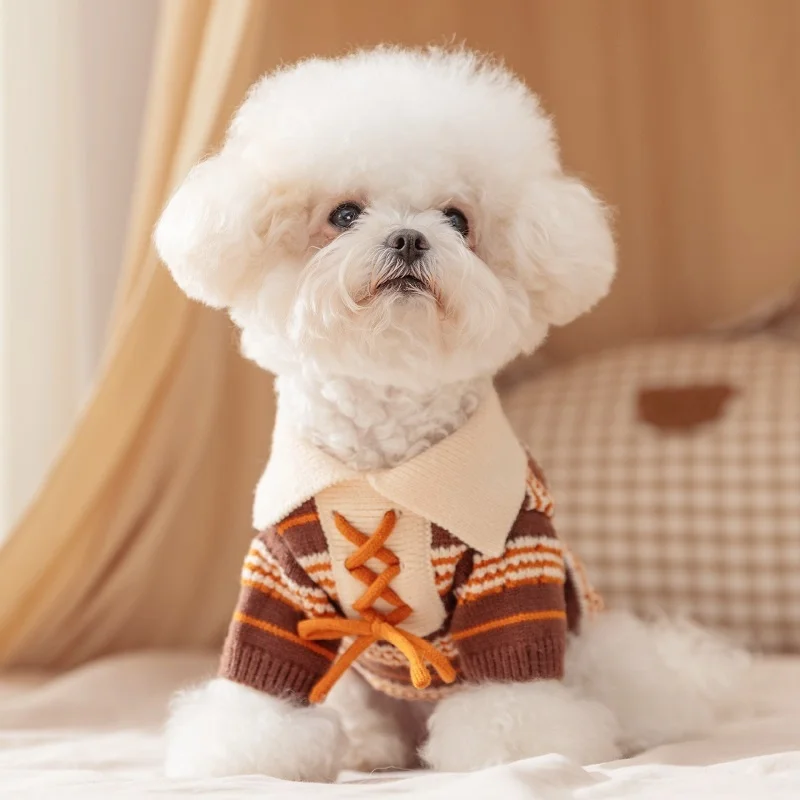 Suéter Polo a la moda para perros, ropa suave de invierno para perros, rayas coloridas, cuello alto de punto para cachorros, suéter para gatos dulces, caniche, suministros para mascotas - imagen 4