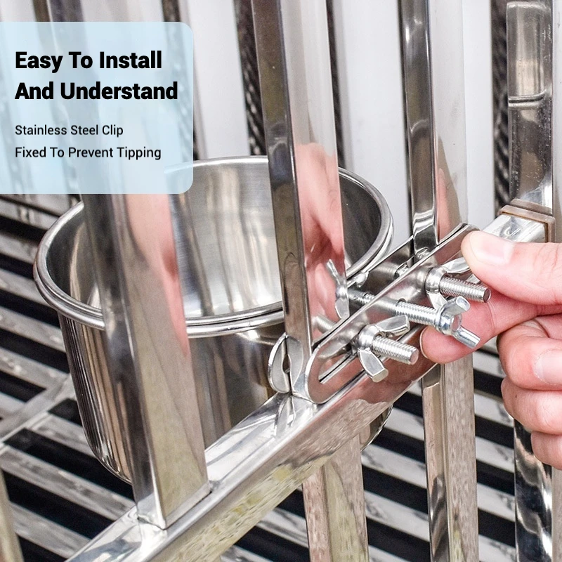 Cuenco colgante de acero inoxidable para mascotas, cuenco de agua y comida montado en jaula antigolpes para perros y gatos, duradero, resistente a mordeduras - imagen 4