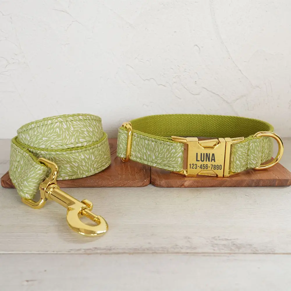 Collar de perro personalizado con grabado gratuito, correa para mascotas a juego, hebilla de Metal de contactos personalizados, Collar para mascotas de pino verde