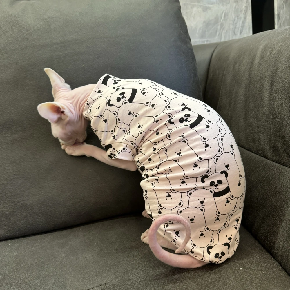 Ropa de gato Sphynx Verano Primavera Rosa Claro Manga Corta Camisa De Algodón Para Gatitos Perros Abrigo Panda De Dibujos Animados Para Devon Rex Cosas - imagen 4