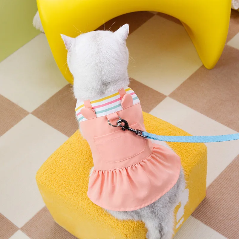 Falda con arnés a rayas para mascotas, vestido para mascotas, abrigo para perros que se puede colgar con un cordón, cuello cuadrado, falda de conejo, ropa para cachorros - imagen 2