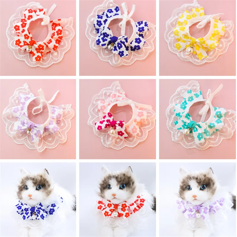 Collar de perro con colgante de perla grande de estilo coreano, bufanda con lazo de flores de encaje, Material de algodón, Collar para mascotas para perros y gatos - imagen 3