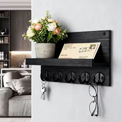 Soporte decorativo para llaves y postales con estante, estante de madera montado en la pared con 5 ganchos, bolsas colgantes, abrigos, paraguas para entrada
