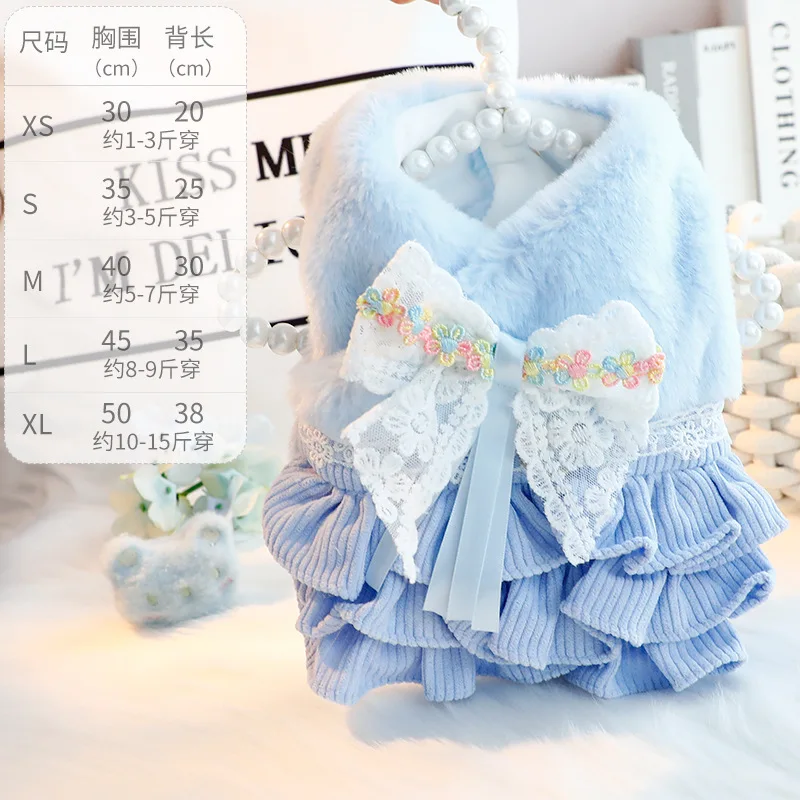 Vestido de princesa para perro de invierno con lazo y adorno de encaje, vestido Formal suave y cálido para perros pequeños, ropa Schnauzer Bichon Chihuahua - imagen 5