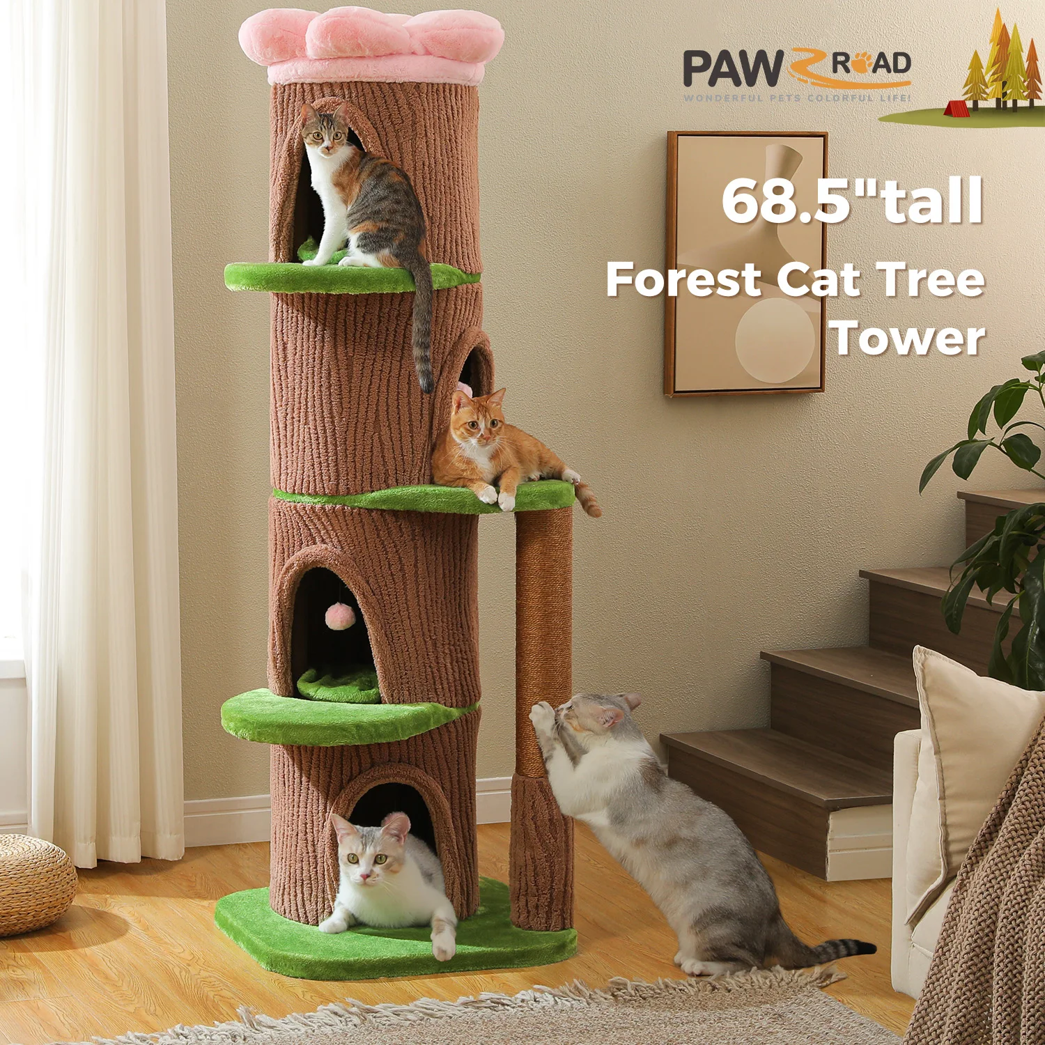 Árbol para gatos grande con casas, poste rascador y cama floral