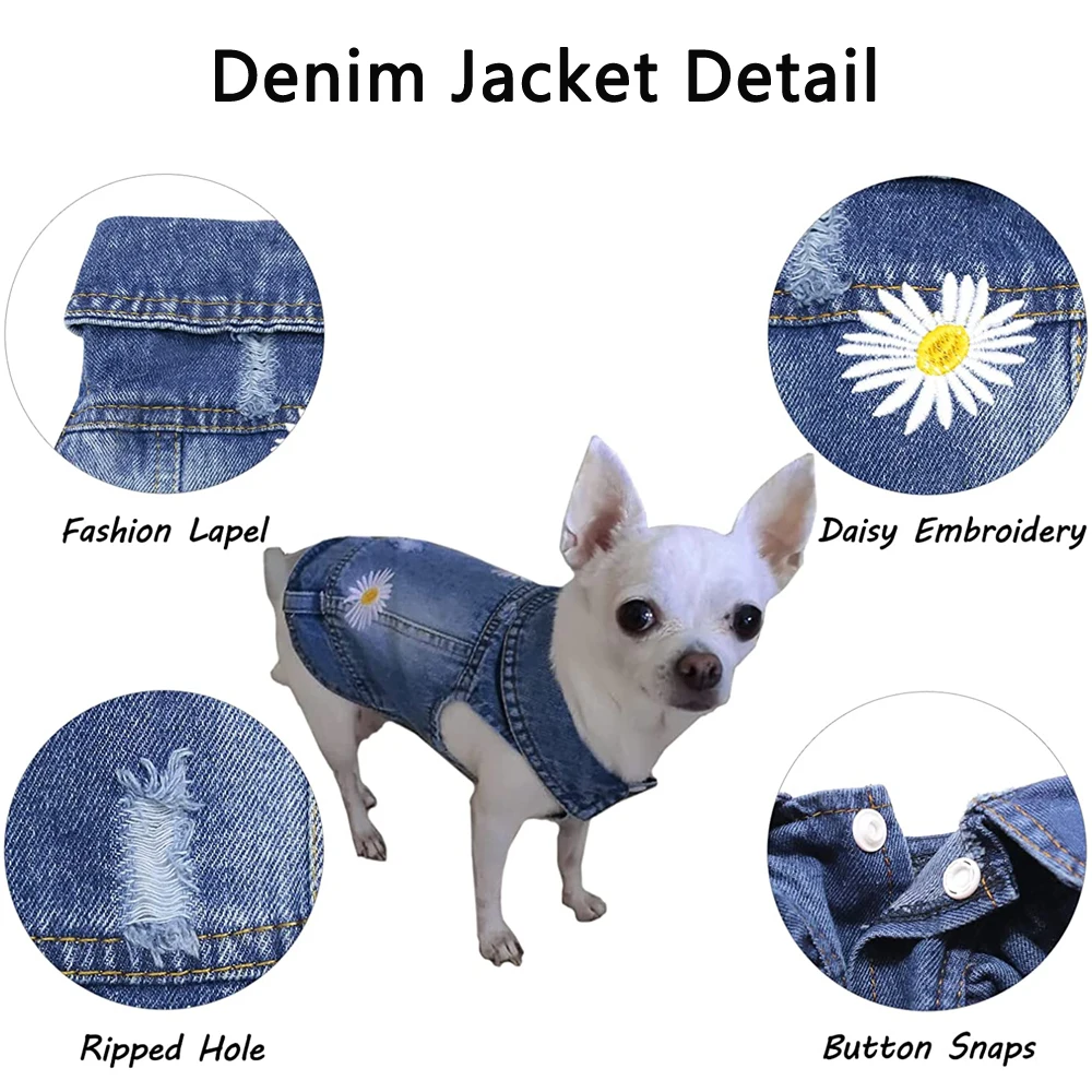 Ropa de lujo con bordado de margaritas para perros pequeños y medianos, chaqueta vaquera lavada Vintage para perros, chaleco sin mangas para mascotas, trajes de abrigo vaquero - imagen 4