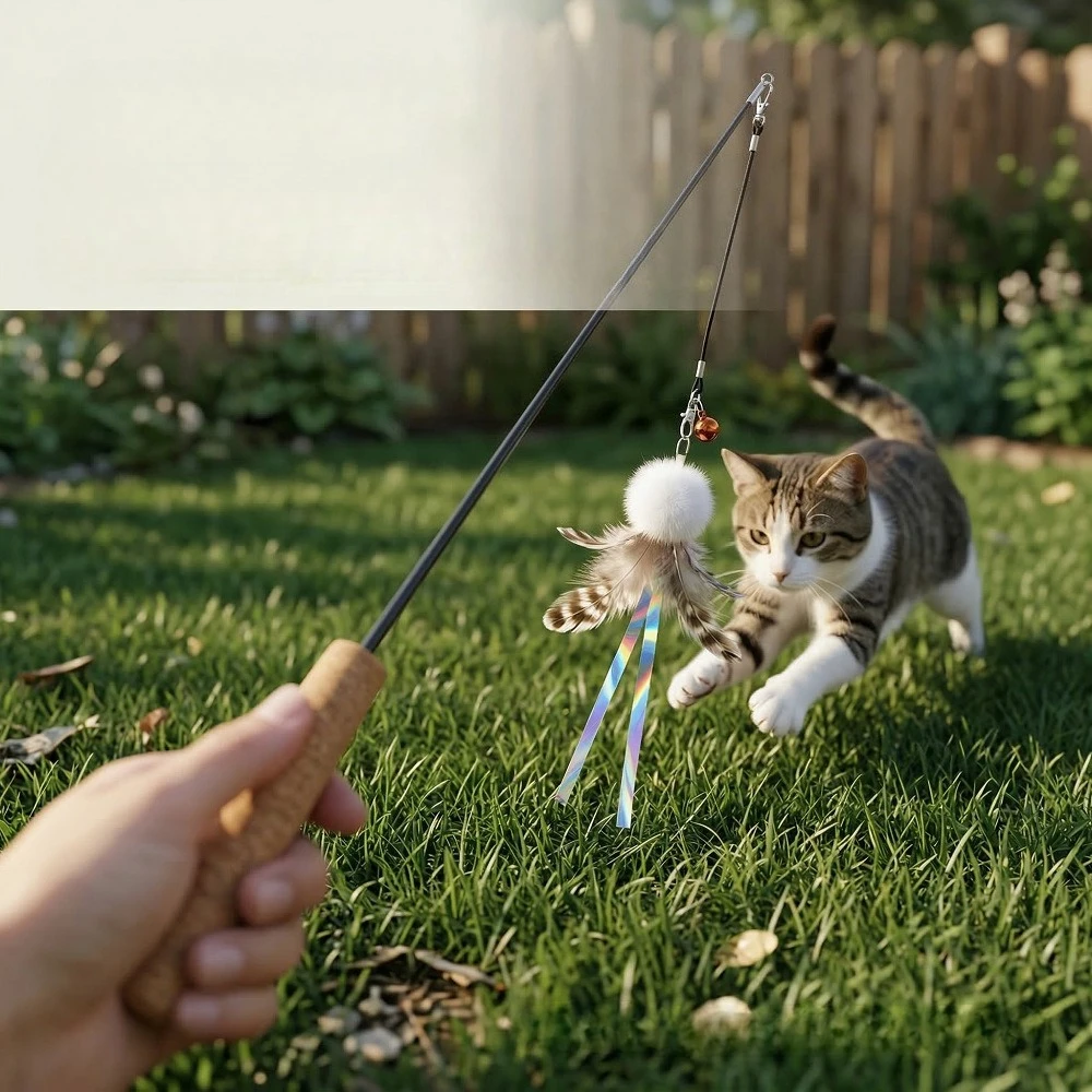 Juguete interactivo con cuerda y plumas para gatos y gatitos