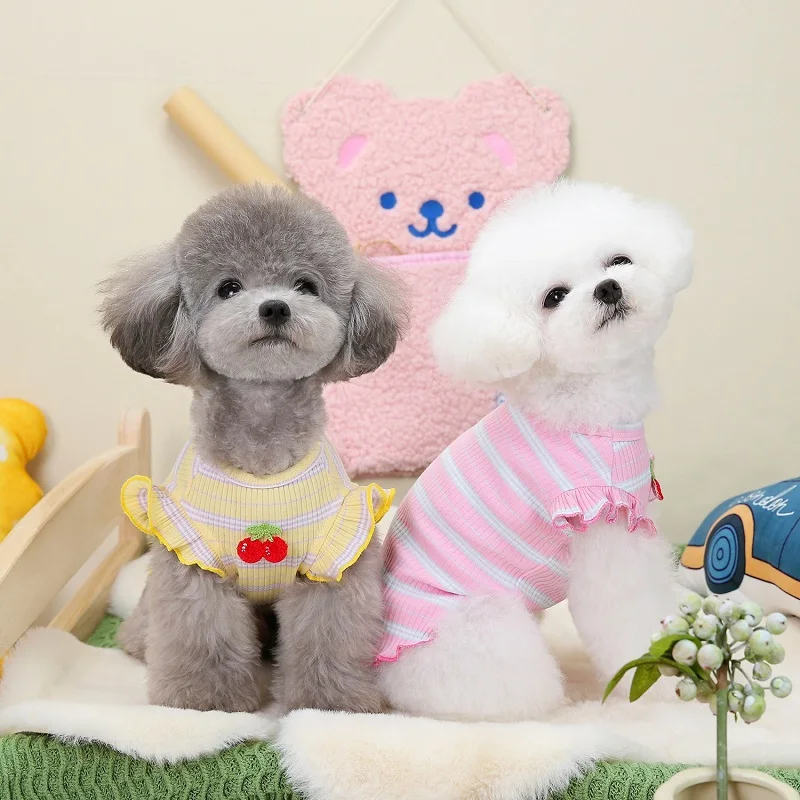 Camiseta para cachorros, ropa a rayas para perros, chaleco de verano para perros, ropa para gatos, ropa para Chihuahua Bichon, camisetas interiores para perros con mangas voladoras bonitas - imagen 3