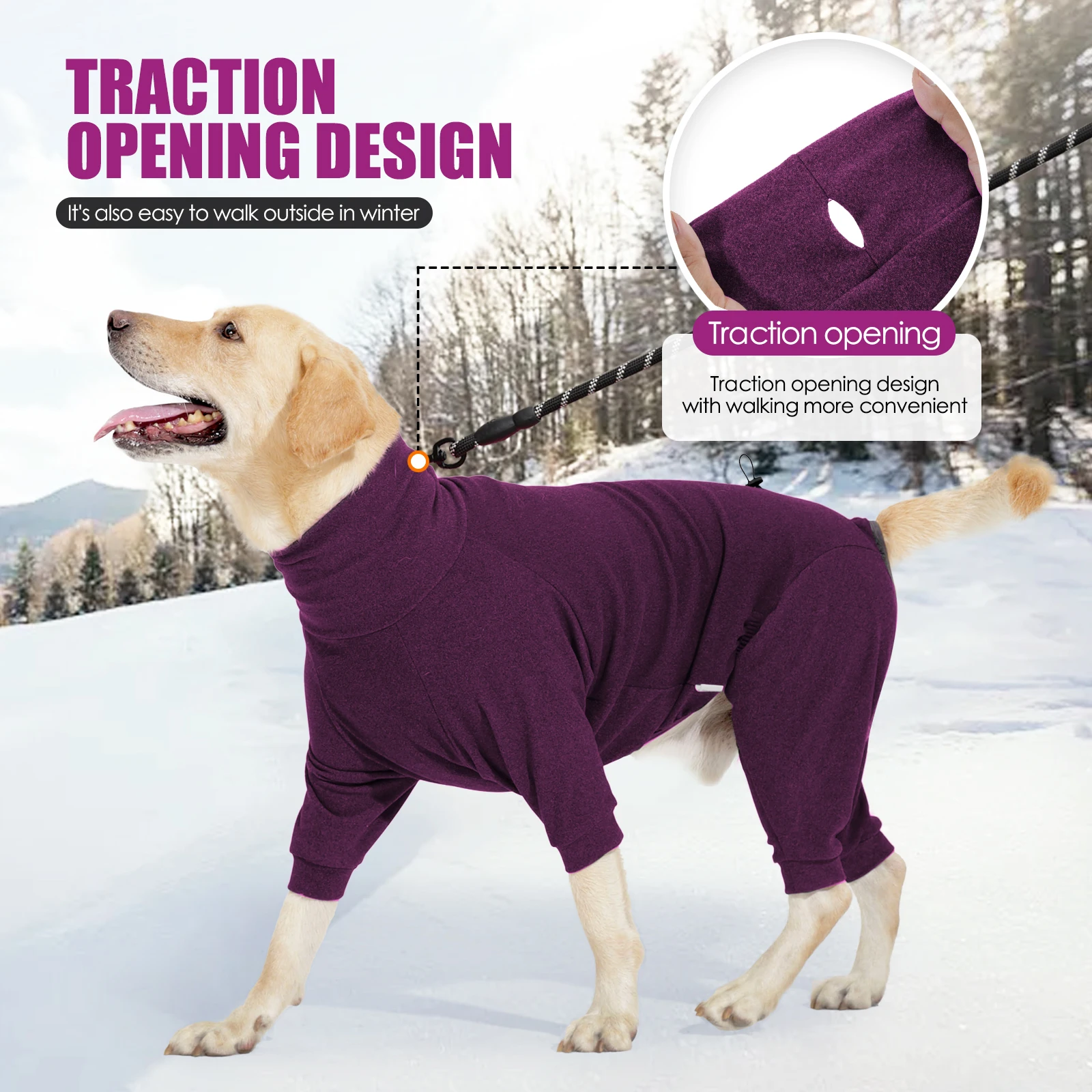Ropa de lana cálida a prueba de viento para perros, monos de invierno con cuello alto para perros, mono para perros grandes, camiseta interior suave ajustable con 4 patas - imagen 4