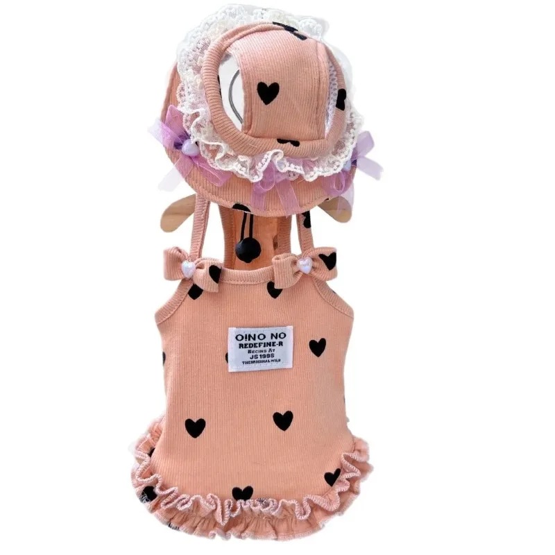 1/Set de ropa de encaje de amor para mascotas, vestido de tirantes de verano, conjunto de sombrero bonito, ropa para perros pequeños, vestido con tirantes elásticos altos, chaleco de princesa para gatos - imagen 5