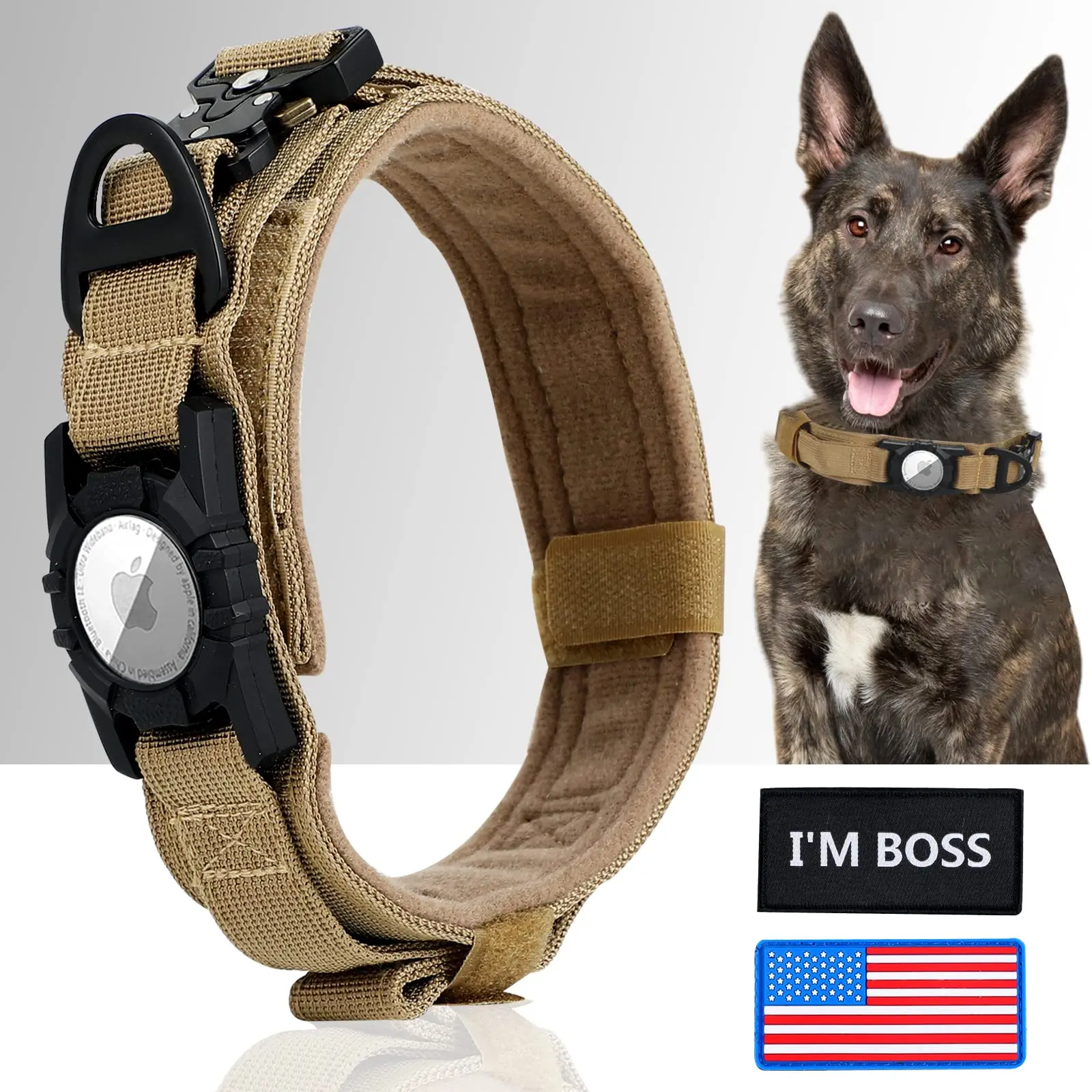 Collar táctico para perros AirTag, con soporte AirTag y mango, hebilla de metal para perros militares, Collar GPS ajustable para perros medianos y grandes - imagen 2