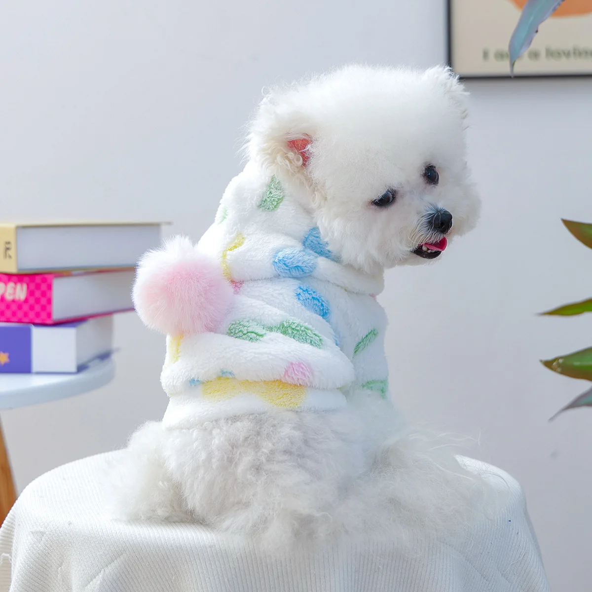 Sudadera con capucha de felpa para otoño e invierno para mascotas, Sudadera con capucha para perros pequeños y gatos, Sudadera con capucha de felpa con lazo cálido y colorido, ropa para cachorros